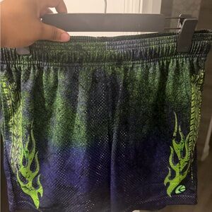 ethika Men's Athletic Shorts - Green and Black with Neon Flame Accent